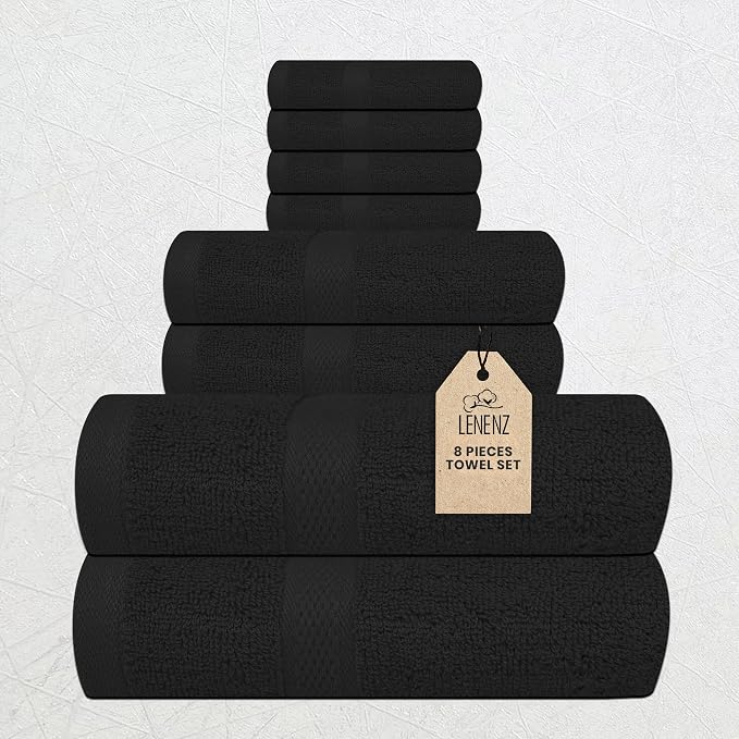 Luxury 8 Piece Set, 2 Bath Towels 2 Hand Towels 4 Washcloths, 100% Cotton Towels for Bathroom, Home, Spa, Hotel & Gym – Ultra Soft, Highly Absorbent, Quick Dry (Black)