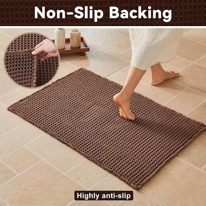 Triohero Waffle Bath Mat, Boho Bathroom Rugs Non Slip Washable, Ultra Soft Super Absorbent Quick Dry Farmhouse Bathroom Decor, 20" x 30", Mocha