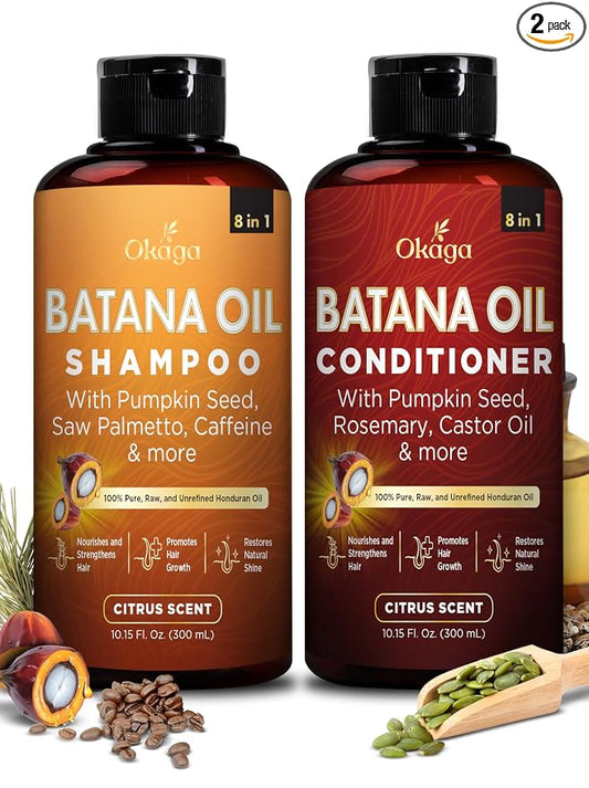 Okaga Batana Oil Shampoo & Conditioner Bundle, Citrus Shower Set, 10.15 oz | Aloe Vera, Saw Palmetto, Caffeine, Biotin, Jojoba, Pumpkin Seed, Castor, Rosemary & Hydrolyzed Rice Protein