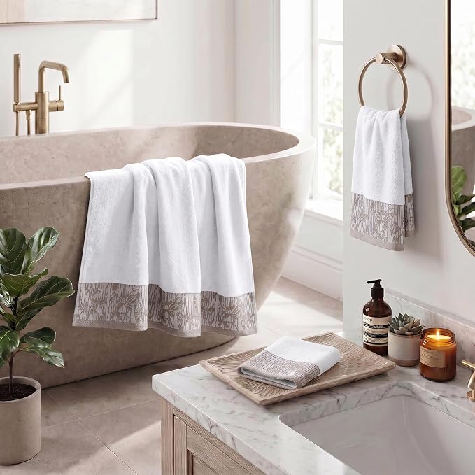 Superior Floral Jaquard Cotton Bathroom Towels, 3pc Towel Set, White | Soft Absorbent Quick Dry Terry Weave, Hotel Quality, Wisteria Towels Includes 1 Bath Towel, 1 Hand Towel, 1 Face Washcloth