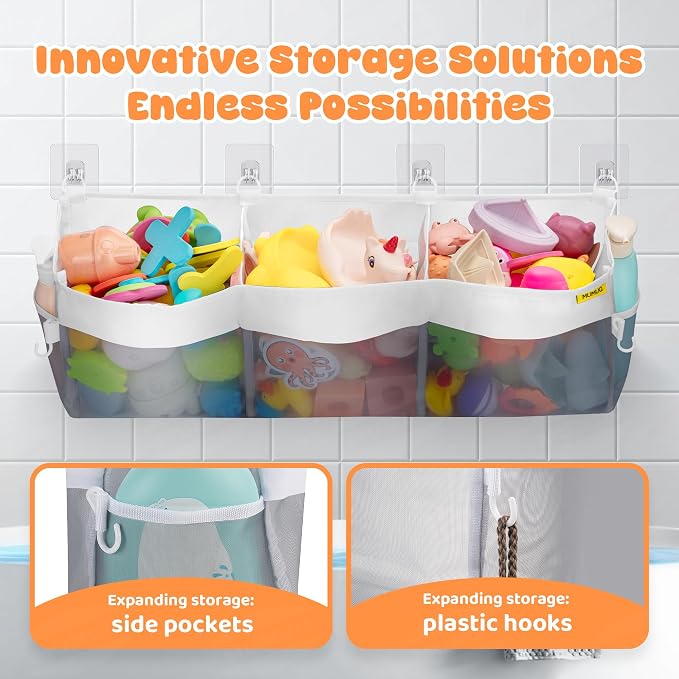 Bath Toy Organizer 3 Compartment Bath Toy Storage Bag Shower Caddy Quick Access Bathtub Toys Holder Baby Shower Games Tub Quick Dry Baby Bathroom Toys Storage Accessory Gray