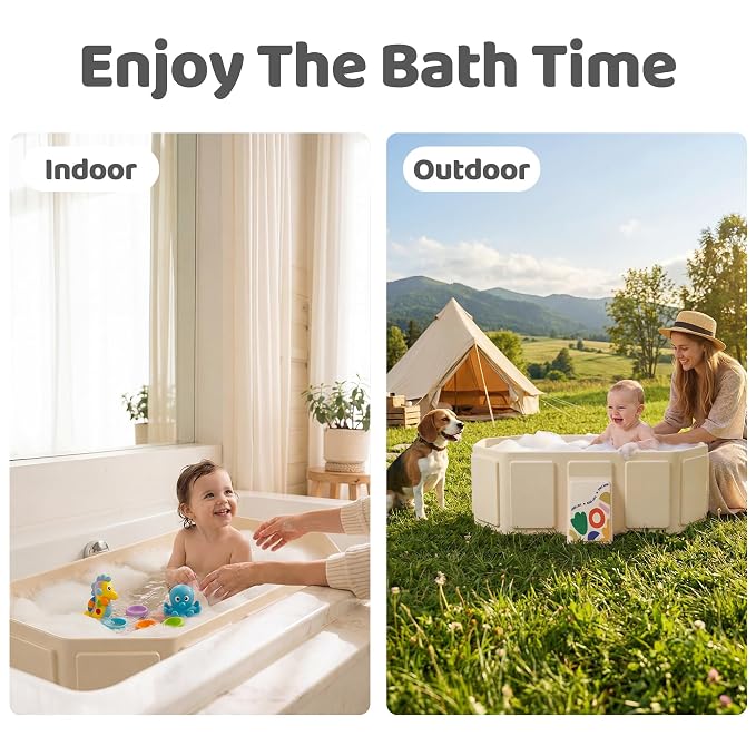 Collapsible Baby Bathtub for Newborn to Toddler, Foldable Toddler Bathtub with Drain Plug, Non-Slip Portable Infant Bath Tub for Travel, Storage & Outdoor Use, Warm Beige