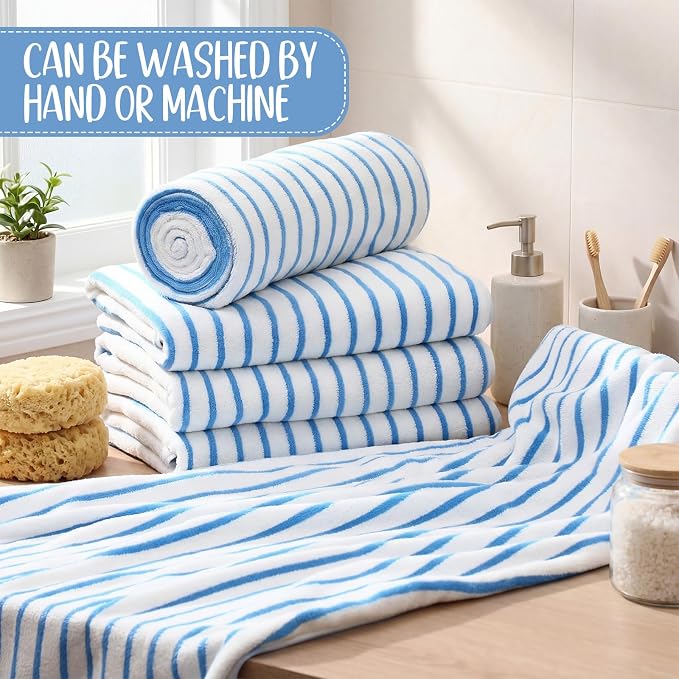 SmoothNovelty 8 Pack Microfiber Bath Towels Bulk 27'' x 60'' Oversized Bath Towel Highly Absorbent Extra Large Shower Sheets Soft Drying for Beach Pool Bathroom Salon Party(Thin Stripe,Blue)