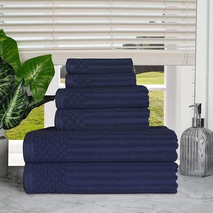 Superior Cotton 6-Piece Solid and Ribbed Towel Set, Face Towels 13” x 13”, Hand Towels 16” x 28”, Bath Towels 27” x 54”, Navy Blue by Superior