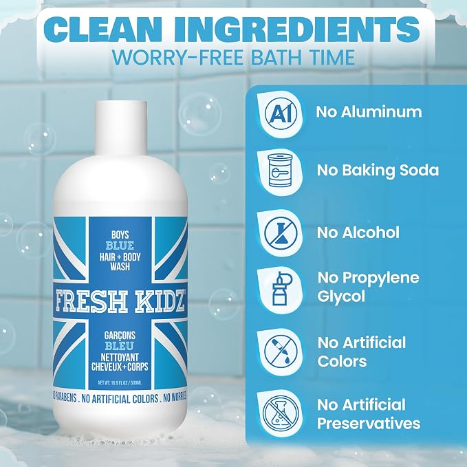 Fresh Kidz Hair & Body Wash 16.9 fl.oz. and Stick Deodorant 2.65 oz for Kids and Teens - Boys Blue Set