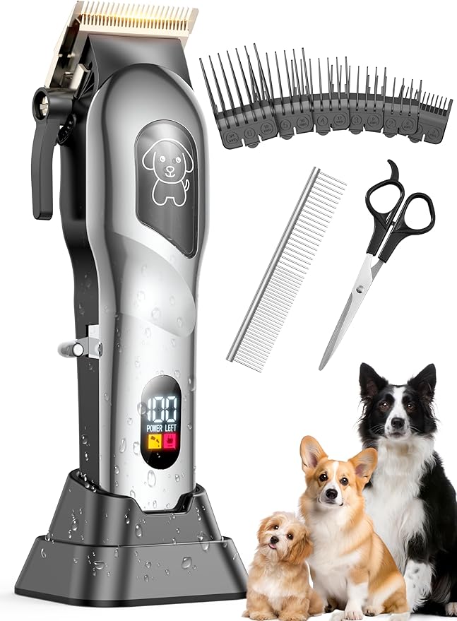 Dog Clippers for Grooming, Dog Grooming Kit for Heavy Thick Hair, Low Noise Cordless Pet Hair Trimmer with Stainless Steel Blade, Professional Rechargeable Hair Trimmer for Dogs and Cats L-Sliver