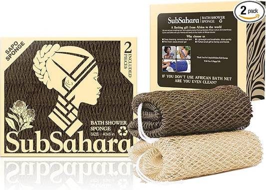 SubSahara Authentic African Net Sponge - 2 Pack Exfoliating Bath & Shower Loofah Sponge for Body & Face, Gentle Scrubber for All Skin Types, Travel, Durable (Linen & Brown)