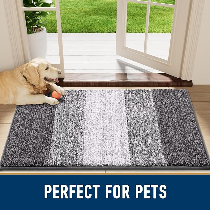 Smiry Dog Door Mat for Muddy Paws, Absorbs Moisture and Dirt, Low-Profile Entryway Mat with Non-Slip Backing, Entry Indoor Outdoor Doormat for Inside Floor (50x30 Inches, Light Grey, Striped)