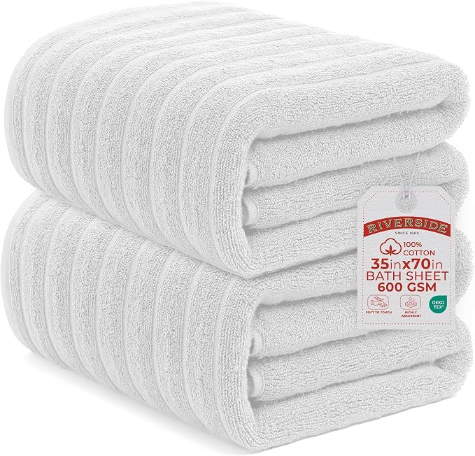 RIVERSIDE Pack of 2 Extra Large Bath Sheet Towels, 35 x 70 Inches, 600 GSM, Ribbed Stripe, 100% Cotton - Super Soft, Highly Absorbent & Quick Dry for Bathroom, Spa & Hotel, White