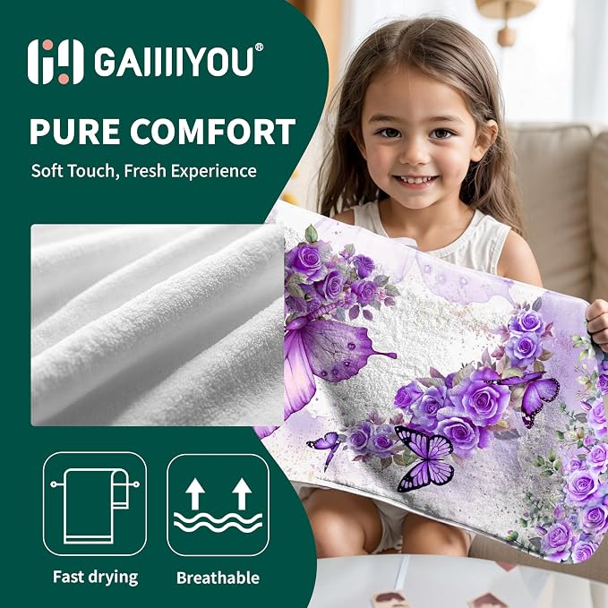 Purple Butterfly Flowers Hand Towels - Floral Decorative Coral Fleece Fingertip Towel for Home Guest Bathroom
