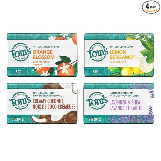 Tom’s of Maine Natural Bar Soap Variety Pack, Lavender & Shea, Creamy Coconut, Orange Blossom, Lemon Bergamot, Dermatologically Tested, Paraben Free, Vegan, 4 Count