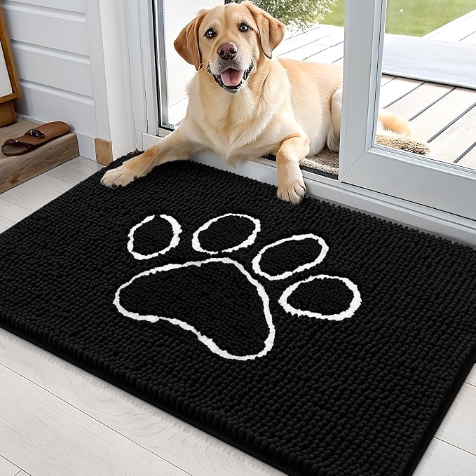 OLANLY Dog Door Mat for Muddy Paws 35x24, Paw Print Design, Absorbs Moisture and Dirt, Absorbent Non-Slip Washable Doormat, Quick Dry Chenille Mud Mat for Dogs, Entry Indoor Entryway Carpet, Black