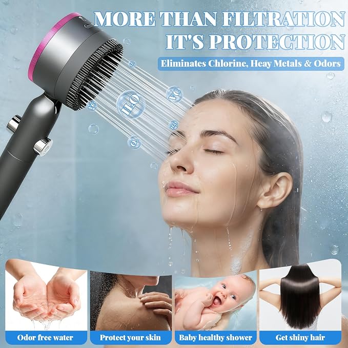 Filtered Handheld Shower Head, High Pressure Power Showerhead with 5 Filters & 59" Flexible Hose, 360° Rotating Adjustable Shower Head with Wall Holder & ON/Off Switch for Hair & Skin, Gray