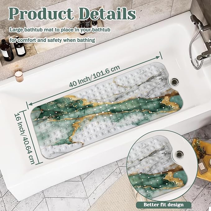 Marble Bath Tub Mat Non Slip, Green Gold Marble Non Slip Bath Mat for Shower, Large Washable Shower mats for Showers with Drain Holes and Suction Cups,40 X 16 Inch