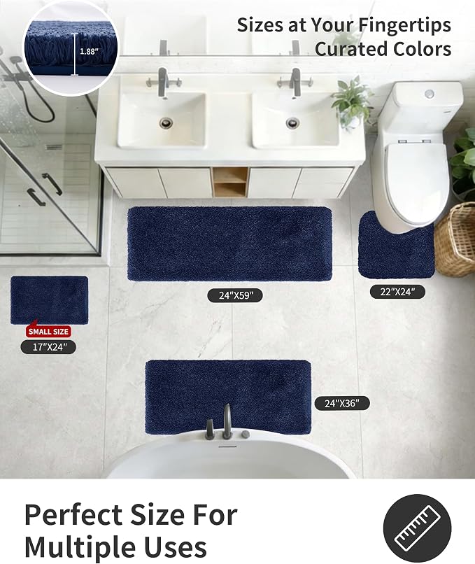 ILANGO Navy Blue Bathroom Rugs 60" × 24" Non Slip & Super Absorbent Thick Soft, Washable Bath Carpet Runner for Floor, Microfiber Plush Shaggy Bath Mats with Rubber for Bedroom Bathtub Shower Room