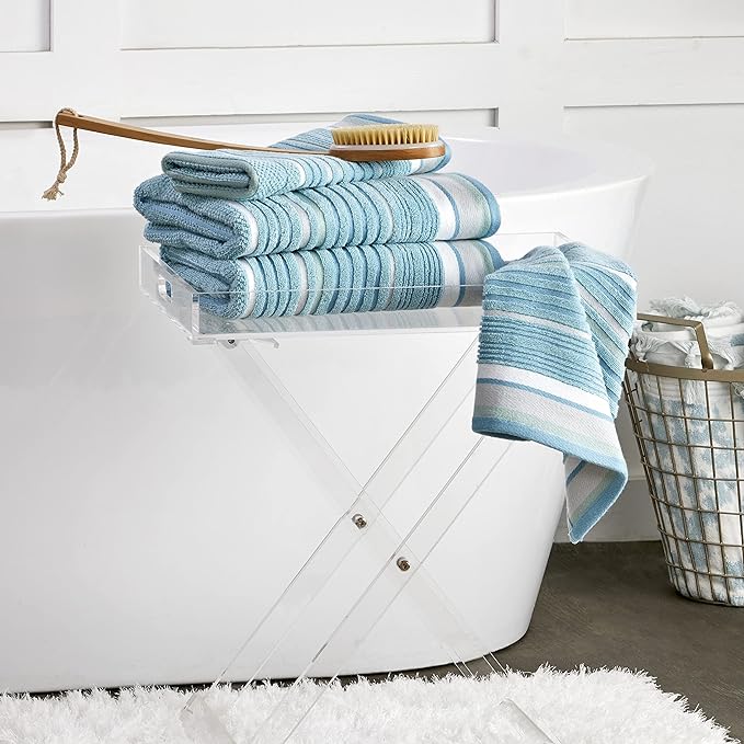 SKL Home Seabrook Stripe Premium 4-Piece Towel Set, 550 GSM, Soft & Absorbent Jacquard - 2 Bath Towels, 2 Hand Towels, Teal