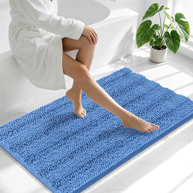 Smiry Thick Chenille Bathroom Runner Rugs 44x24, Extra Absorbent Striped Bath Mat, Machine Washable, Rubber Backing, Long Bath Rugs for Tub & Shower, Modern Home Decor Accessories, Cornflower Blue