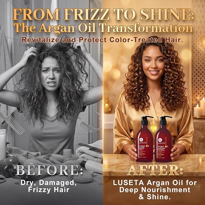Luseta Argan Oil Shampoo & Conditioner Set for Dry Damaged Hair, 2 * 16.9oz | Smoothing & Thickening for Fine Hair, Anti-Frizz Care, Helps Smooth Strands, Provides Nourishment, Sulfate Free