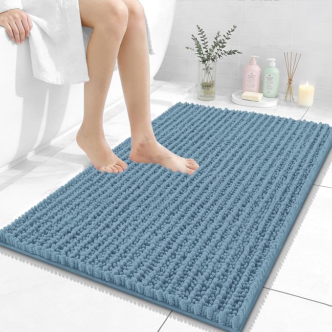 OLANLY Bathroom Rug Mat 36x24, Thick Soft and Absorbent Chenille Bath Mat, Non-Slip Rubber Backing, Machine Washable Quick Dry Bath Rugs for Tub Shower Floor, Home Decor Accessories, Airy Blue