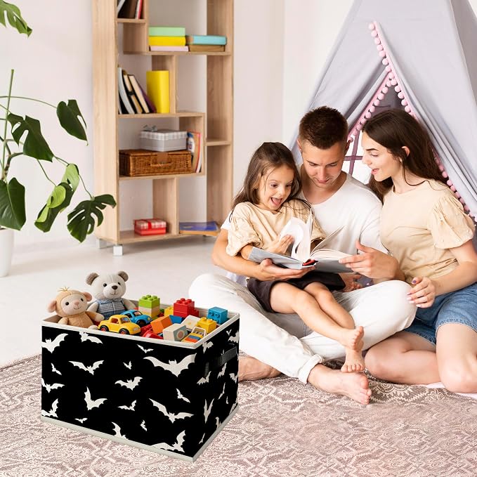 Black and White Bat Foldable Storage Bins Box with Handles, Bat Gifts for Women, Dark Bats Collapsible Organizer Basket for Boys Bedroom Bathroom Clothes Toys Books