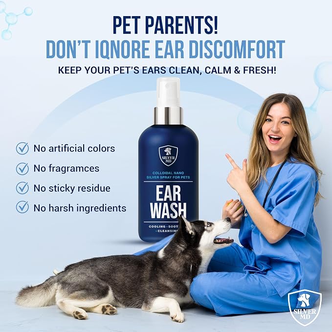 Nano Silver Pet Ear Wash for Dogs & Cats Spray, 8 Oz | Best Gentle Cats & Dog Ear Cleaner Solution With Deionized Water Formula For Itchy Sensitive Ears, Odor & Daily Care For Pets