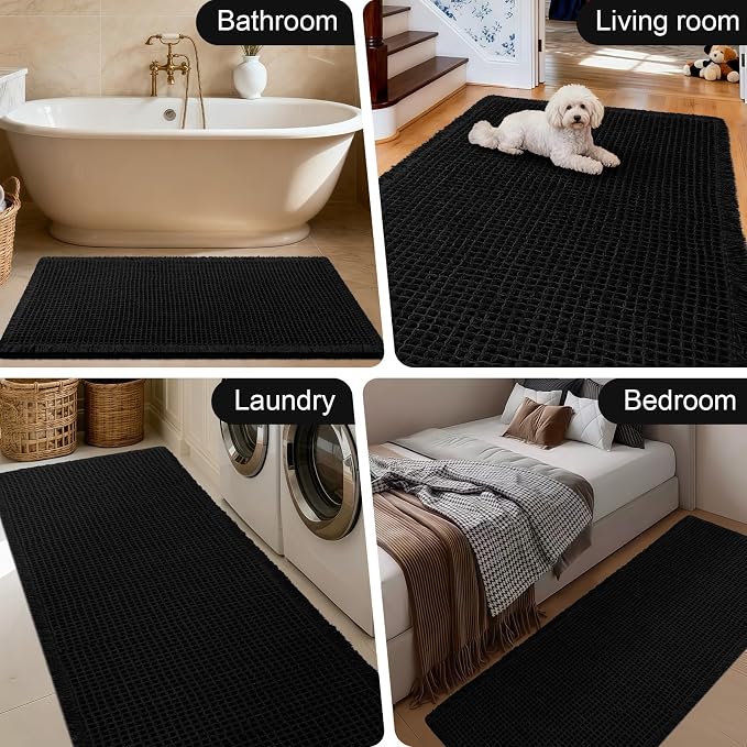 ACCUMTEK Upgraded Waffle Bath Mat, 36"x24" Black, Super Absorbent Non-Slip Quick Dry Bathroom Rugs with Tassels, Machine Washable Ultra Soft Boho Bath Rugs for Floor, Toilet Mats Boho Farmhouse Decor