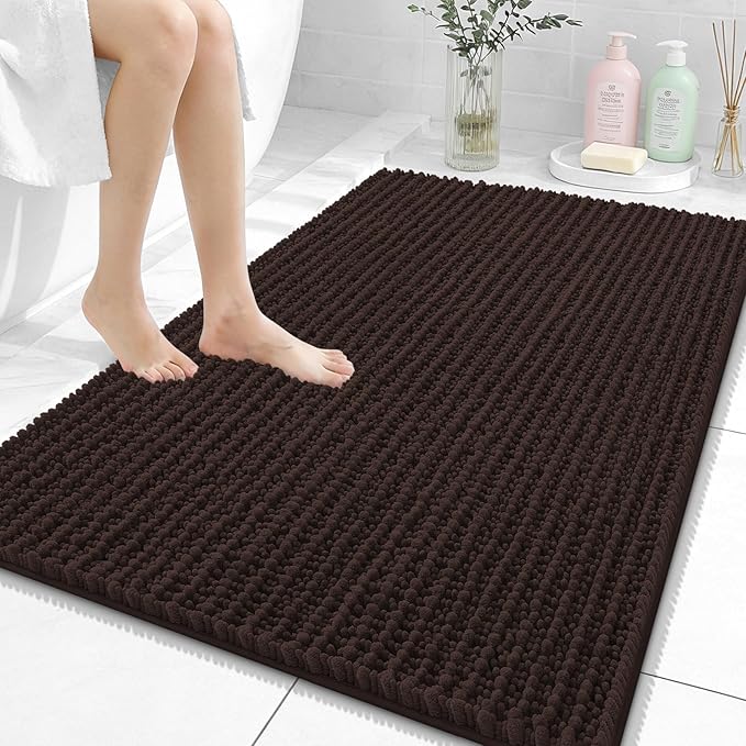 OLANLY Bathroom Rug Mat 40x32, Thick Soft and Absorbent Chenille Bath Mat, Non-Slip Rubber Backing, Machine Washable Quick Dry Bath Rugs for Tub Shower Floor, Home Decor Accessories, Brown