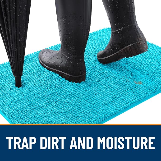 OLANLY Dog Door Mat for Muddy Paws 70x35, Absorbs Moisture and Dirt, Absorbent Non-Slip Washable Doormat, Quick Dry Chenille Mud Mat for Dogs, Entry Indoor Entryway Carpet for Inside Floor, Aqua Blue