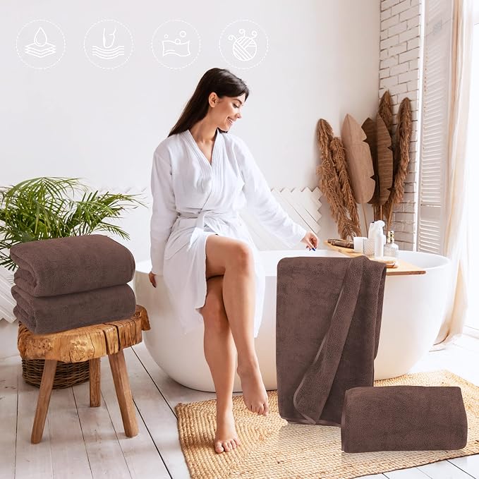 TENSTARS Silk Hemming Bath Towels for Bathroom Clearance - 27 x 55 inches - Light Thin Quick Drying - Soft Microfiber Absorbent Towel for Bath Fitness, Sports, Yoga, Travel, Gym - 2 Pack, Wood Brown