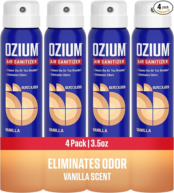 Ozium 3.5 Oz. Air Sanitizer & Odor Eliminator for Homes, Cars, Offices and More, Vanilla Scent, 4 Pack