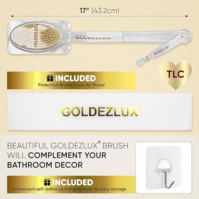 GOLDEZLUX® Firm Body Brush Dual-Sided Shower Brush Back Scrubber - Premium Medium Soft & Stiff Bristles Wet or Dry Brushing - Perfect Durable Non-Slip Long Handle Large Size 17" (Transparent Dual)