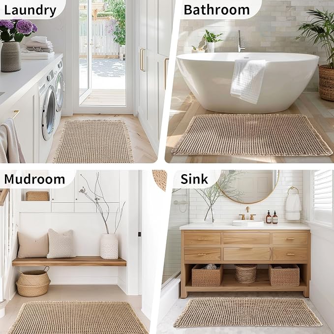 Waffle Bath Mat - Boho Bathroom Rugs Non Slip Washable, Super Absorbent & Quick Dry, Soft Bath Mat Farmhouse Bathroom Decor, 24'' x 48'', Khaki