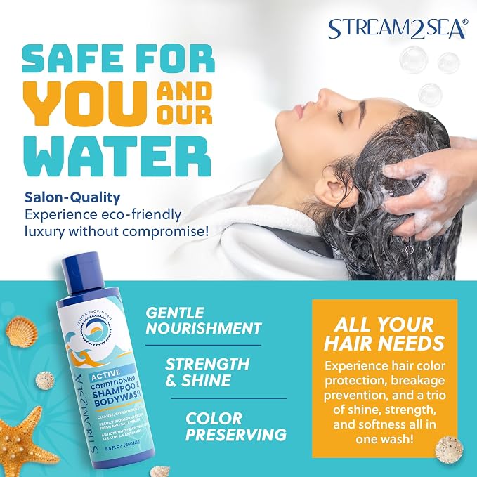 STREAM 2 SEA Shampoo and Conditioner, Body Wash 3-in-1 for Swim - Reef Safe Swimmers Shampoo for Men, Women Kids - All Natural Organic Shampoo Conditioner, Biodegradable Soap Travel Size 1.69oz
