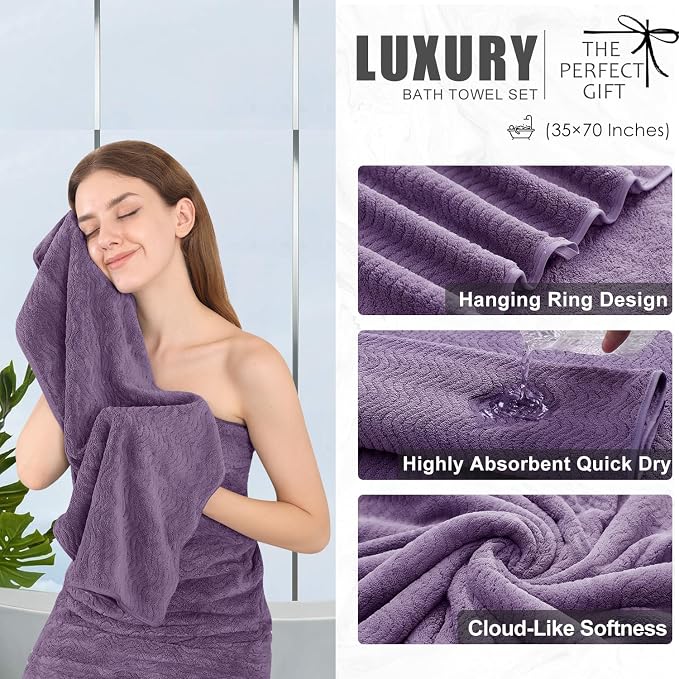 4 Piece Extra Large Bath Towel 35"x70" Oversized Bath Sheet Bath Towel Set for Bathroom Ultra Soft Cozy Highly Absorbent Quick Dry Bathroom Towel for Spa Gym Hotel,Shower Towel for Daily Use,Purple