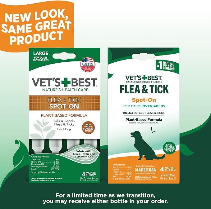 Vet’s Best Natural Flea and Tick Drops for Dogs – Natural Topical Flea Prevention with Certified Essential Oils – Plant-Based Spot-On Treatment for Large Dogs – Pest Control – 4 Month Supply