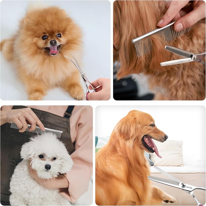 Dog Grooming Scissors with Safety Round Tips Stainless Steel Professional Dog Grooming Kit - Thinning, Curved Scissors and Comb for Cat Pet (Pink 4 in 1)