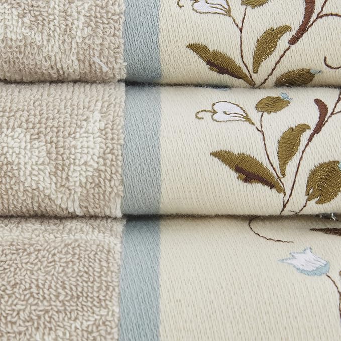 Madison Park Serene 100% Cotton Bath Towel Set Luxurious Floral Decorative Towels for Bathroom Embroidered Cotton Jacquard Design Soft Highly Absorbent for Shower 600 GSM, Multi-Sizes, Blue 6 Piece
