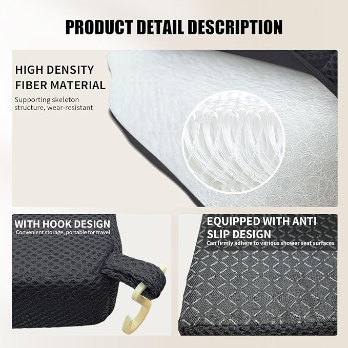 Shower Seat Cushion,Thickened Shower Chair Cushion 4D Air Fiber Material,Machine Washable and Fast Drying Suitable for Shower Seats Bathtub Baths, Poolside & Rest Dressing Room Seats，Black