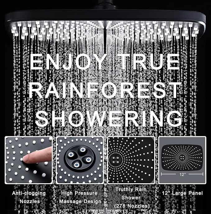 BOZYBO Rain Shower Head with Handheld: High Pressure Shower Heads with Handheld Spray Combo, 12" Rainfall Shower Head and 9 Sprays Hand Showerheads with Magnetic Docking and Power Jets, Black 1.75GPM