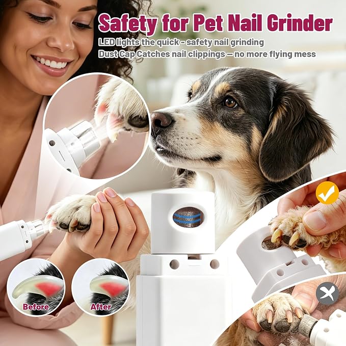 Quiet Dog Nail Grinder with Guard for Dogs Cats | Electric,4-Speed, LED Lights, Grinding Bits, Rechargeable Cordless, Safe Painless, Pet Nail Trimmer for small medium Breeds