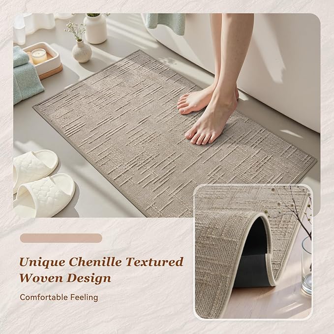 AMOAMI Bath Mat Non Slip Super Absorbent Quick Dry Bath Mats for Bathroom Floor Rubber Backing Washable Bathroom Rugs Modern Woven Jacquard Mat, Beside Tub Bath Rugs, 20" x 32", Brown