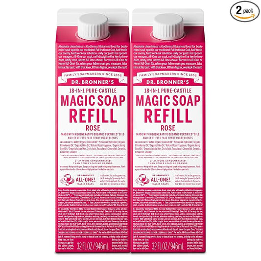 Dr. Bronner's Magic Soap-Pure-Castile Liquid Soap Refill (Rose 32 ounce, 2-Pack)-Regenerative Organic Certified Oils, For Body, Hair, Laundry, Pets & Dishes, Concentrated, Vegan, Non-GMO
