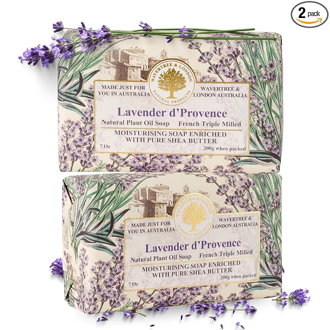 Wavertree & London Lavender Scented Natural Soap Bars (Pack of 2), 7oz Moisturizing French Triple Milled Soap Bars enriched with shea butter - Pure Plant Oil Bath & Body Bar for All Skin Types
