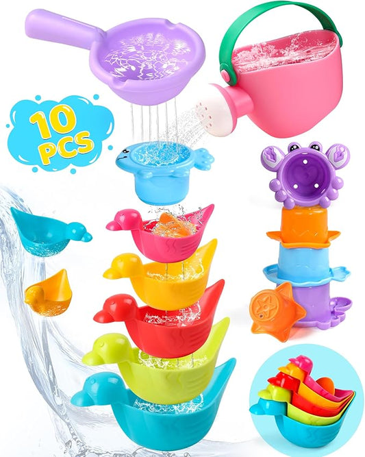 10 PCS Toddler Bath Toys for Kids Ages 1-3 Multi-Play in Tub Water Pool | Quick-Draining Bath Toys with Color Stacking Cups & Watering Can Interactive Shower Toys for 1 2 3 4 5 6 Birthday Gifts