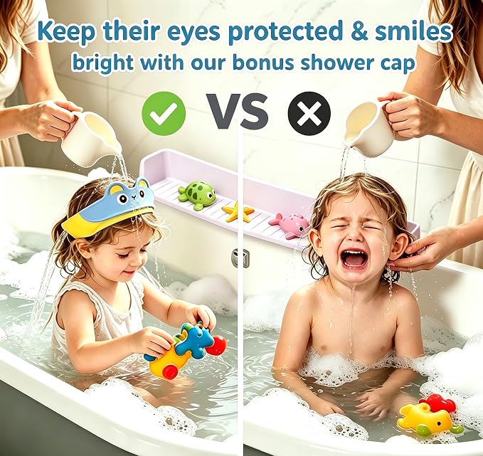 Bathtub Splash Guard for Kids, 2-in-1 Bath Toy Organizer Tub Shelf | Stops bathtub splashes, Keeps floors dry, 11 strong suction cups, Flexible safe silicone, Bonus kids shower cap
