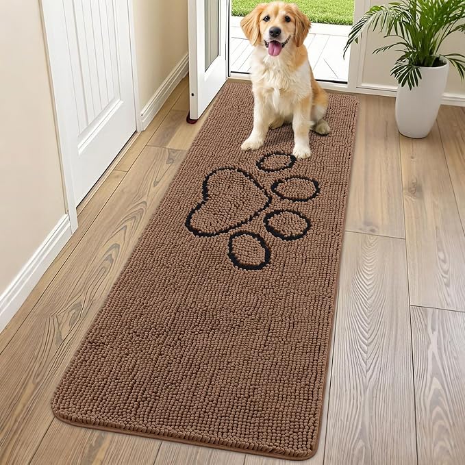 Smiry Dog Door Mat for Muddy Paws, Absorbent Dirt Trapper Non Slip Quick Dry Washable Chenille Mat for Mud Dogs, Entry Rug for Indoor and Outdoor (70x24 Inches, Coffee and Black)