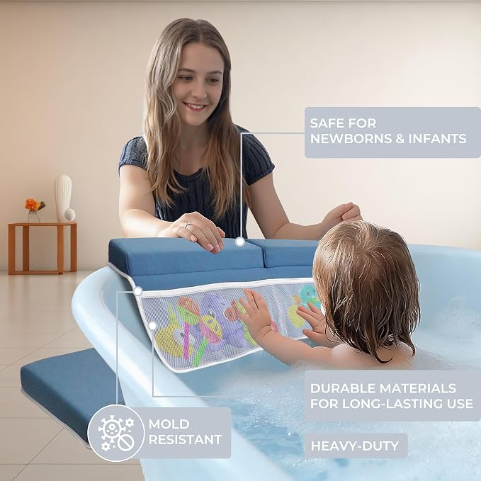 Baby Bath Kneeler and Elbow Rest Pad Set -2 Inch Thick Comfortable Non-Slip 30" Extra Long Bath Kneeling Pad with Toy Organizer Pockets - Soft Machine Washable XL Memory Foam Bathing Support Cushion