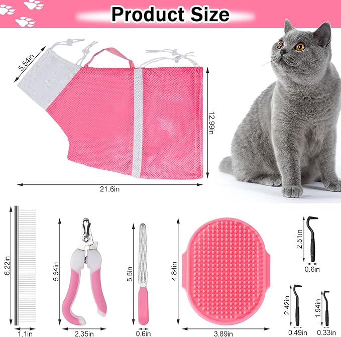 JULMELON 10PCS Cat Bathing Bag Adjustable Shower Washing Net Grooming Set | Polyester Mesh, Kitten Adult Pet Grooming, Shower Bathing Nail Trimming Examination, Brush Clipper File Comb Tick Tool Caps