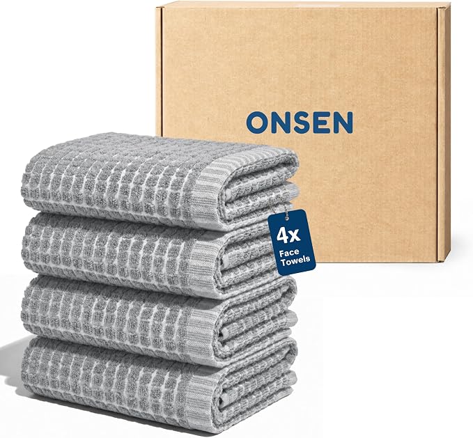 ONSEN Sculpted Terry Face Towels, 100% American Cotton, Quick Dry Lint Free, Lightweight Absorbent Face Towel Set, 12x12 in (Grey Fog, 4X Face Towel)