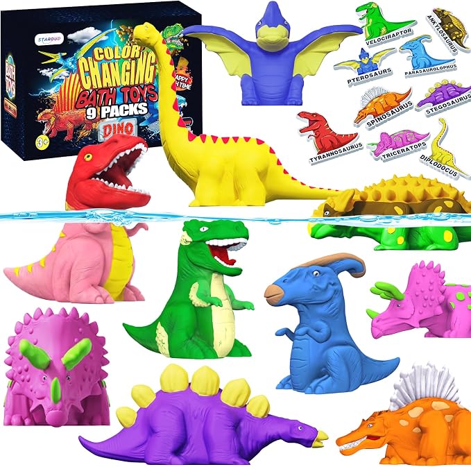 Color Changing No Hole Dinosaur Bath Toys for Kids Toddlers Baby, 9 Color Change Dinosaur Water Table Toys with 9 Floating Foam Dinosaur Toys for Kids(18 Packs)